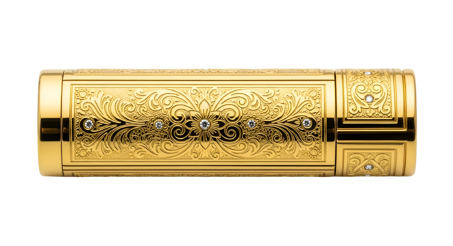 A shiny gold-plated luxury lighter with intricate design, isolated on pure white background.