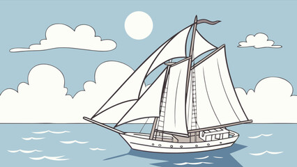 Illustration of a sailing ship sailboat on the sea with clouds and sun for nautical themes art