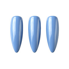 Three glossy blue almondshaped artificial nails isolated on a transparent background, representing beauty and fashion
