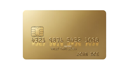 A premium gold credit card with embossed numbers and chip, isolated on white background.