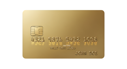 A premium gold credit card with embossed numbers and chip, isolated on white background.