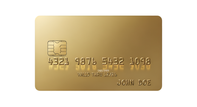 A premium gold credit card with embossed numbers and chip, isolated on white background.
