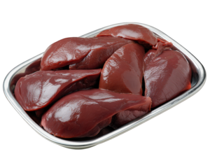 Fresh raw liver organ on silver tray, glossy surface, isolated on transparency background, used for biology teaching, anatomy study, or culinary preparation, realistic and detailed