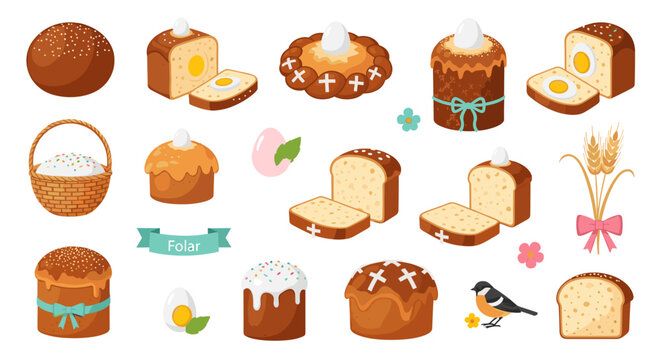 Illustration of easter cakes, egg and basket with folar banner design