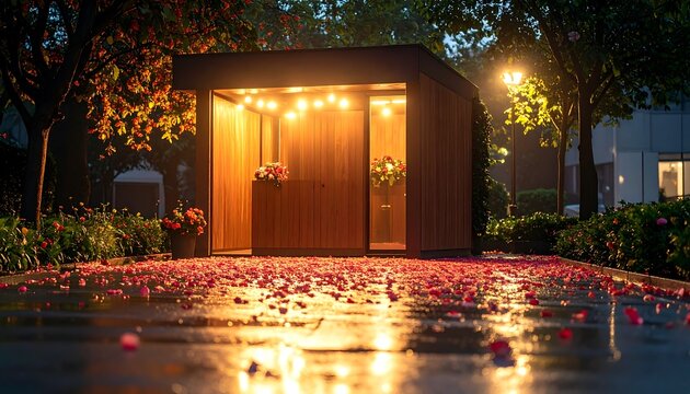 Cozy Wooden Structure with String Lights at Night After Rain