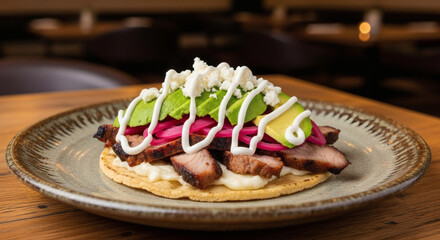 A Single Crispy Tostada Topped with Sliced Pork Loin, Pickled Red Onions, Crumbled Cheese, Sliced Avocado, and a Creamy Drizzle