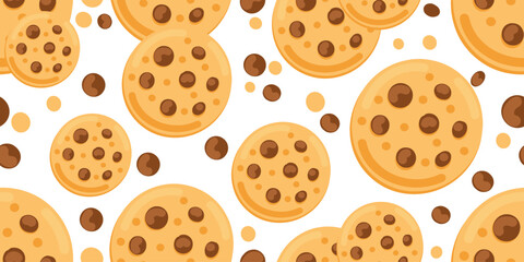 Colorful seamless chocolate chip cookie pattern in flat vector style. Ideal for banners, wrapping paper, textiles, and creative backgrounds with vibrant dessert design.