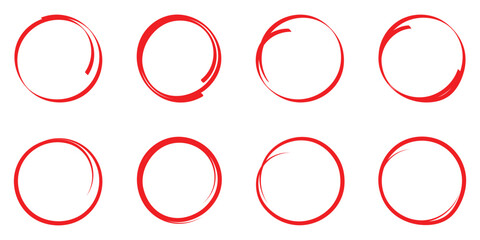 Hand drawn circle line sketch set isolated on white background. Red circle draw. Vector circular scribble doodle round circles for message and for note mark. Vector illustration. EPS 10