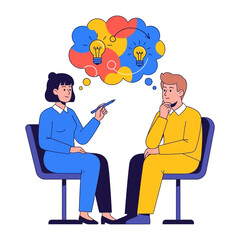 Collaborative minds:  illustration of two individuals, a counselor and client, engaged in a collaborative dialogue. Light bulb symbols float above, representing new ideas.