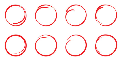 Hand drawn circle line sketch set isolated on white background. Red circle draw. Vector circular scribble doodle round circles for message and for note mark. Vector illustration. EPS 10