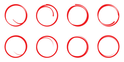 Hand drawn circle line sketch set isolated on white background. Red circle draw. Vector circular scribble doodle round circles for message and for note mark. Vector illustration. EPS 10