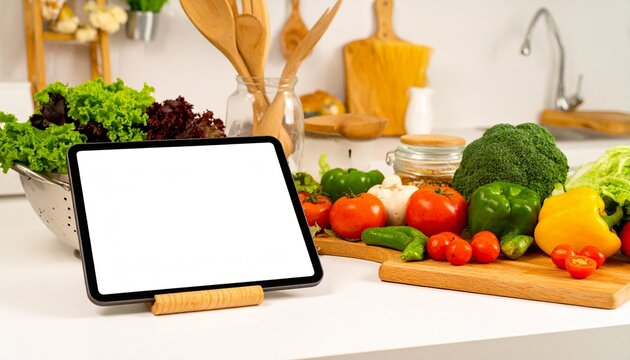 Healthy Cooking Inspiration Digital Tablet in a Kitchen with Fresh Produce and Ingredients