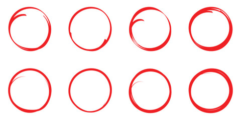 Hand drawn circle line sketch set isolated on white background. Red circle draw. Vector circular scribble doodle round circles for message and for note mark. Vector illustration. EPS 10