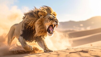 Majestic king of the wild, a fierce male lion roaring with power in the golden desert landscape, kicking up sand.