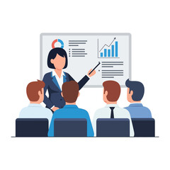 Business Presentation in Action: An illustration capturing a focused business meeting, where a presenter uses a whiteboard to deliver a financial presentation to a captivated audience.