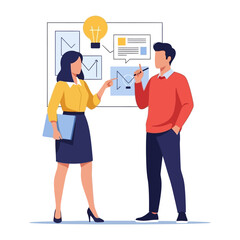 Innovation sparks: A collaboration of two individuals is captured during the process of brainstorming new ideas using a chart, a glowing light bulb representing inspiration.