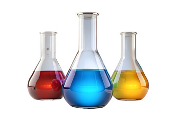Chemical flasks with colored liquid 3d rendering isolated on transparent background
