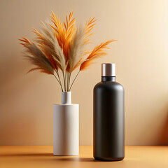 A minimalist white vase filled with dried pampas grass and reeds in warm orange and beige tones sits next to a sleek black bottle, creating a stylish and serene interior design arrangement