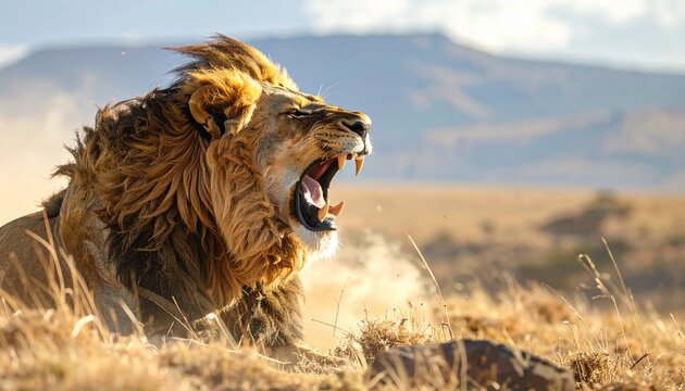 Majestic Lion Roaring in the African Savanna