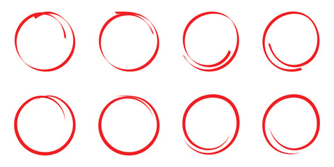 Hand drawn circle line sketch set isolated on white background. Red circle draw. Vector circular scribble doodle round circles for message and for note mark. Vector illustration. EPS 10