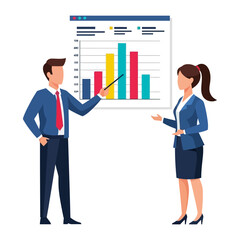 Business Insights: Two professionals meticulously analyze a vibrant bar graph during a presentation, illuminated by modern office lighting, a testament to clear communication.