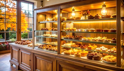 Displaying Pastries in a Bakery Showcase Window with Autumn View