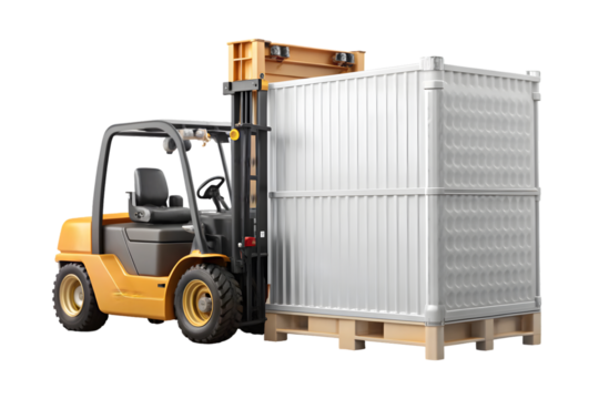 Forklift truck with intermediate bulk container 3d rendering isolated on transparent background