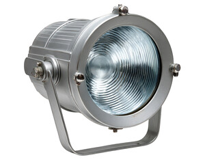 Fototapeta premium Studio strobe flash light with metallic housing and glass lens, isolated on transparency background, used for professional photography and video production, modern equipment, industrial design