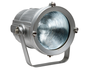 Studio strobe flash light with metallic housing and glass lens, isolated on transparency background, used for professional photography and video production, modern equipment, industrial design