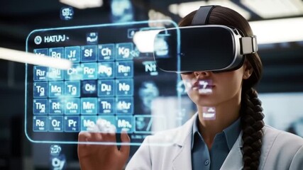 Female Scientist in VR Headset Interacting with Holographic Periodic Table in a Modern Laboratory - Powered by Adobe