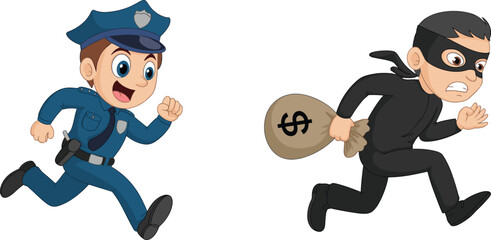 Cartoon police officer running and chasing thief with money bag, funny crime prevention illustration of cop and burglar character for kids, education, and games
