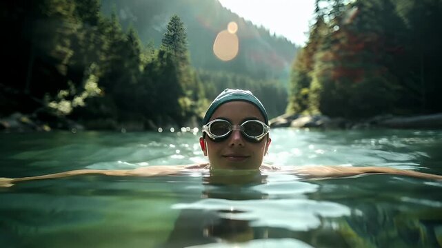 A woman swims in a clear, turquoise pool with sunlight filtering through the waters surface, creating a shimmering effect. She is wearing a swimming cap and goggles.