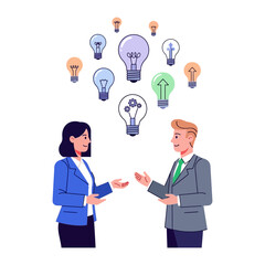 Bright Minds Converge: Illustrative representation of a male and female figures stand facing each other, surrounded by idea-filled lightbulbs, symbolizing collaboration, idea sharing and innovation. 