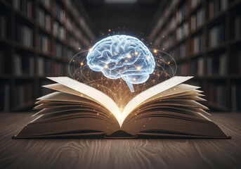 AI Brain Knowledge, Mind Power and Learning. Futuristic Technology Concept of an AI Brain Learning from a Book. The Future of Knowledge, Education and Intelligence from a Book.