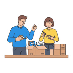 Packing Up: A collaborative depiction shows two individuals, meticulously organizing, wrapping, and marking boxes in a dynamic display of teamwork, packing, and planning.