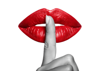 Red lips with finger to mouth isolated on transparent background