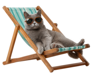 Gray cat lounging on striped beach chair wearing sunglasses, relaxed and cool, summer vacation vibe, wooden frame, playful and humorous animal portrait