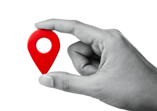 A hand holds a red location pin, isolated on transparent background