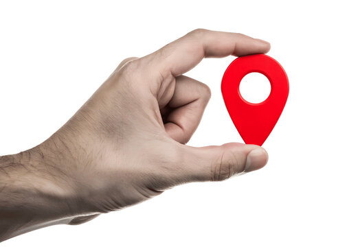 A hand holds a red location pin, isolated on transparent background