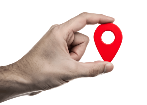 A hand holds a red location pin, isolated on transparent background