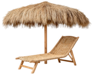 Rattan lounge chair with straw parasol, tropical beach relaxation, summer vacation, outdoor furniture, natural material, peaceful and inviting atmosphere
