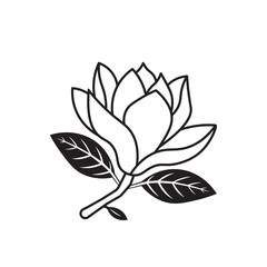 a black and white vector illustration of a single magnolia bud with glossy leaf on white background.