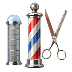 Barber pole hair comb straight razor and scissor barber shop hair salon concept 3d rendering isolated on transparent background