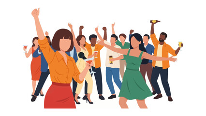 Obraz premium Celebration Ensemble: A vibrant illustration capturing a lively group of people immersed in a joyous party scene, animated and energetic, celebrating togetherness.