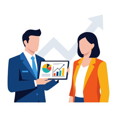 Business Insights Presentation: A graphic depiction of two professionals reviewing an upward-trending chart on a digital tablet, visualizing success and growth in a clean and modern style.