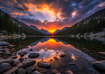 International coffee day dramatic sunset over a serene mountain lake, with vibrant colors reflecting in the calm water and sun rays breaking through the clouds