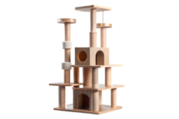 Cat tree with toy cat tower condo for indoor cats with sisal scratching posts 3d rendering isolated on transparent background
