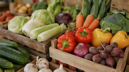 Assorted Fresh Vegetables Displayed in Wooden Crates