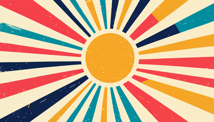 retro sunburst background with a textured yellow sun and bold radiating stripes in a vintage color palette of red blue and cream.