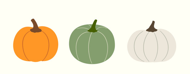Set of fall orange, green and white pumpkins element.
Hand drawn Autumn harvest Farm fresh pumpkins flat stock vector illustration.
Good for greeting card, poster, banner, leaflet.
White background.